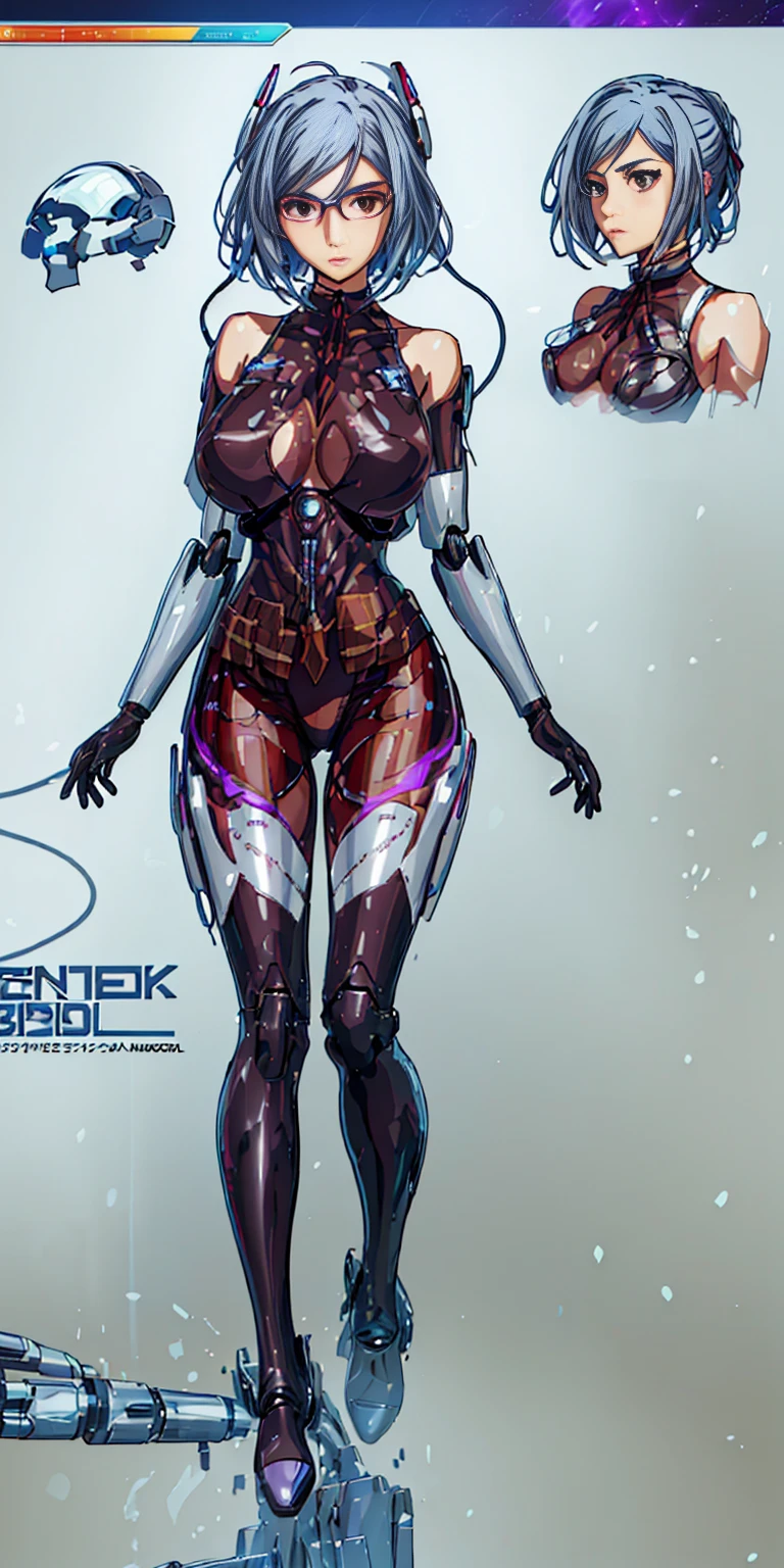 Futuristic body、Head and arms of anime characters, Girl in mecha network armor, beautiful girl, perfect anime woman, Technology for body and legs,  Female body, Female Mecha, Translucent body，Biological laboratory background，school uniform, black thighhighs, plaid skirt, knee boots, ribbon choker, brown jacket