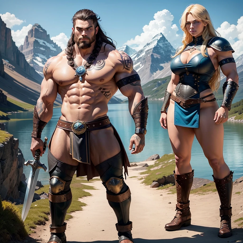 Black Viking left arm tattoo design, a full body muscular viking man and beautiful blond woman showing big busty ass without clouds, muscular legs, holding big sword with right hand, brown hair divided with bangs, perfect realistic blue eyes, wearing warrior leather shoes, wearing warrior boots, lake and mountains in the background.