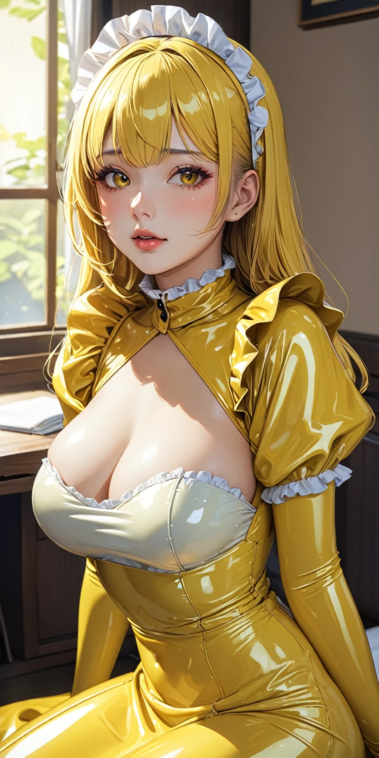 Portrait、(masterpiece,Highest quality,Ultra-high resolution),Japanese women, (((Very beautiful 25 year old girl))),(Yellow  maid outfit)、(Yellow  long skirt)、(A yellow  long-sleeved shirt covering the upper body)、Yellow  long gloves、Yellow  socks、 、The clothes fit snugly to the body、 is very shiny、Dark Room、