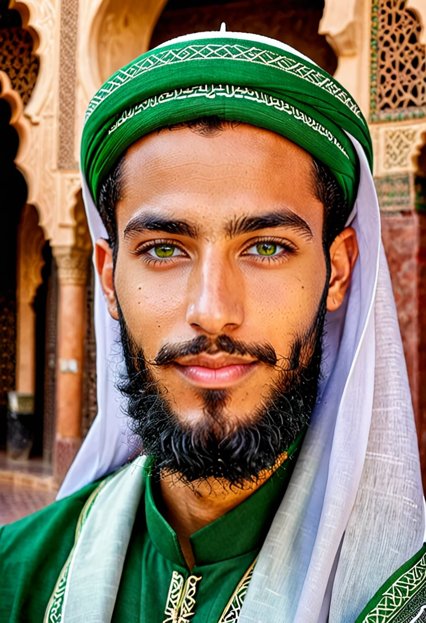 A handsome young man of 25 years old must be Moroccan imam with a nice beard green eyes handsome face he must be Moroccan the face is a little light