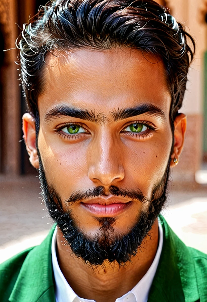 A handsome young man of 25 years old must be Moroccan imam with a nice beard green eyes handsome face he must be Moroccan the face is a little light