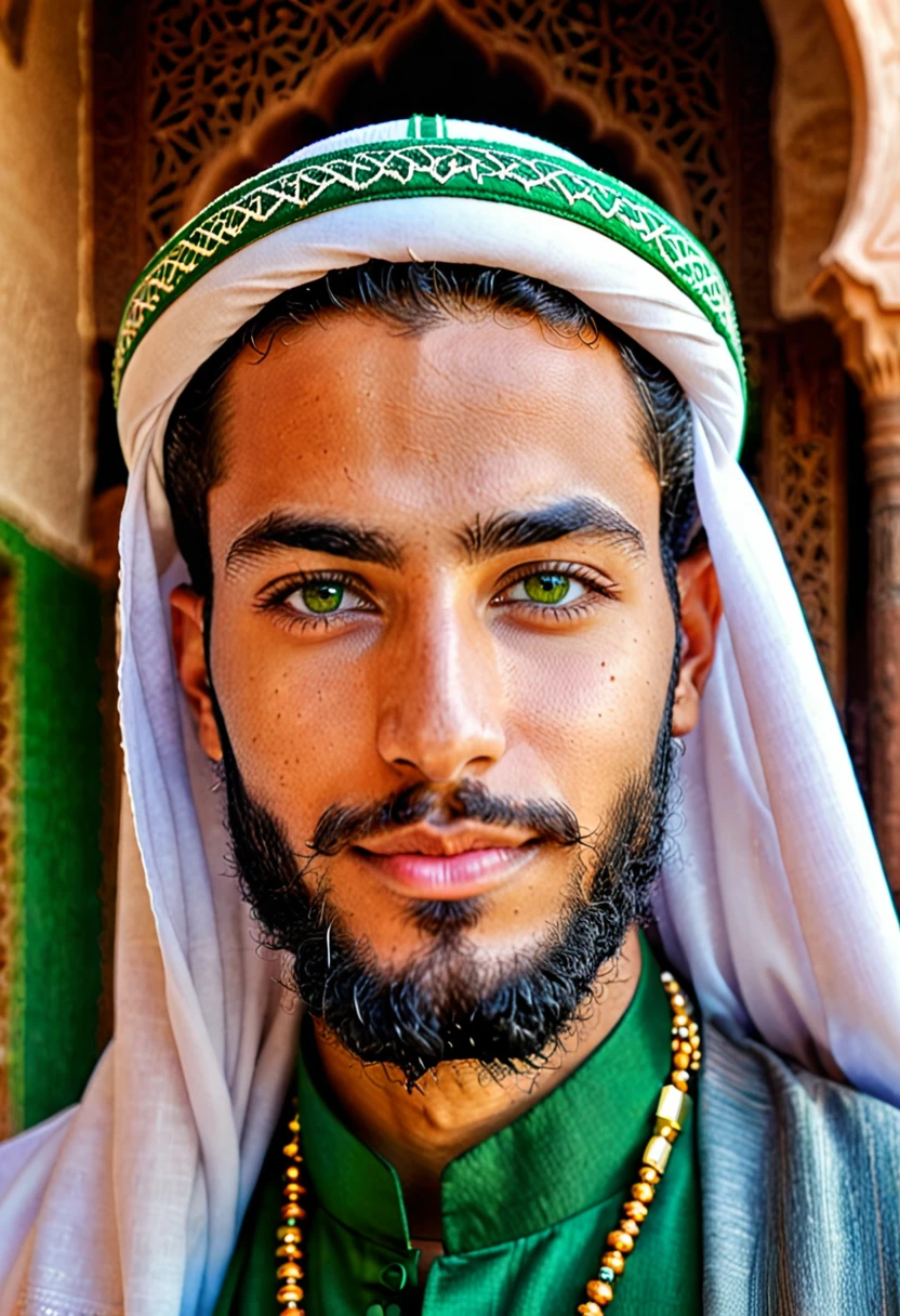 A handsome young man of 25 years old must be Moroccan imam with a nice beard green eyes handsome face he must be Moroccan the face is a little light