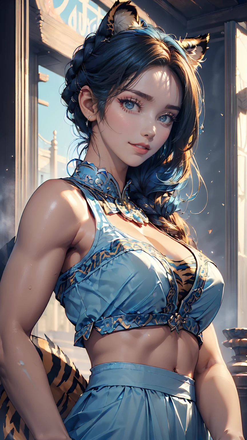 ((Highest quality, 8K, masterpiece: 1.3)), ((One girl:1.5)), The beauty of slim abs: 1.3, Casual Hairstyles, (Blue Long Group: 1.5), Super detailed face, Delicate eyes, double eyelid, smile, (Showing the tiger's fangs: 1.2), Dancing、Sexy proportions、Sexy、Narrow waist