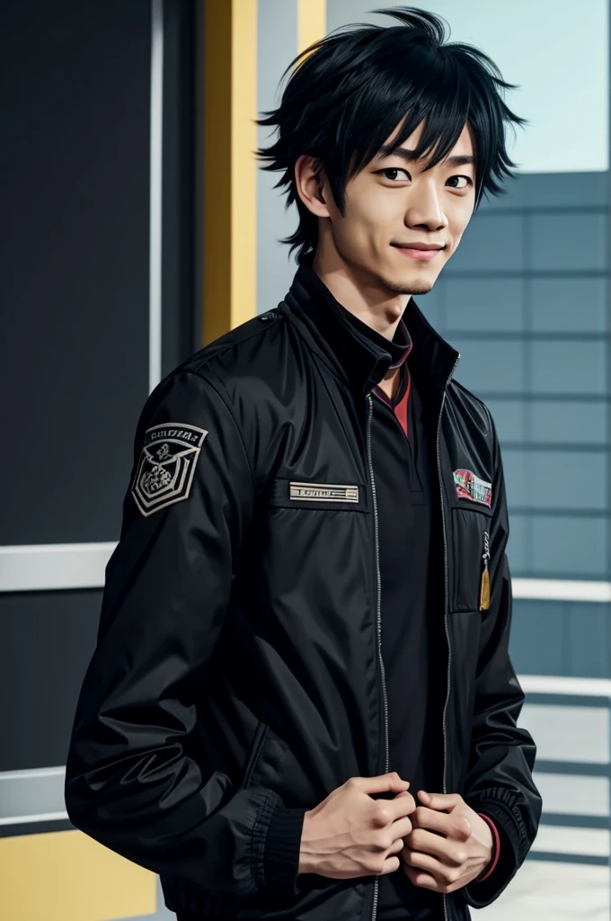 Screencap Boku no hero academia Mitsuya Takashi with a soft smile on his face and a black jacket with a small black dragón on his right shoulder.