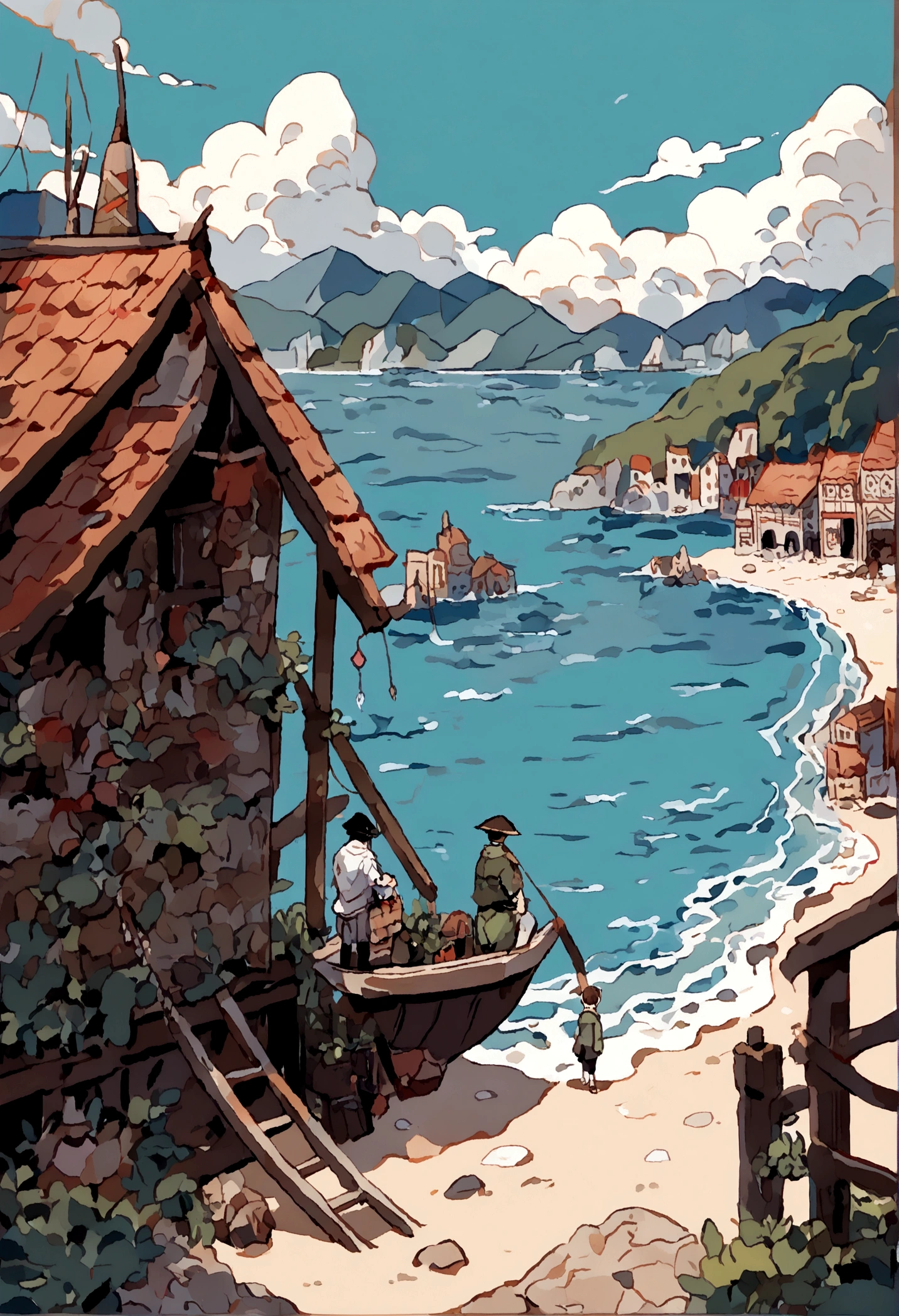 A young teenager,((Shabby laundry)),((Young boy dressed as a fisherman,male)),Standing on the beach,The background is a small fishing village(Old small fishing boat),Dilapidated building,Back to the audience,Looking at the sea and mountains in the distance,Chinese style,Immortal World,Xianxia World