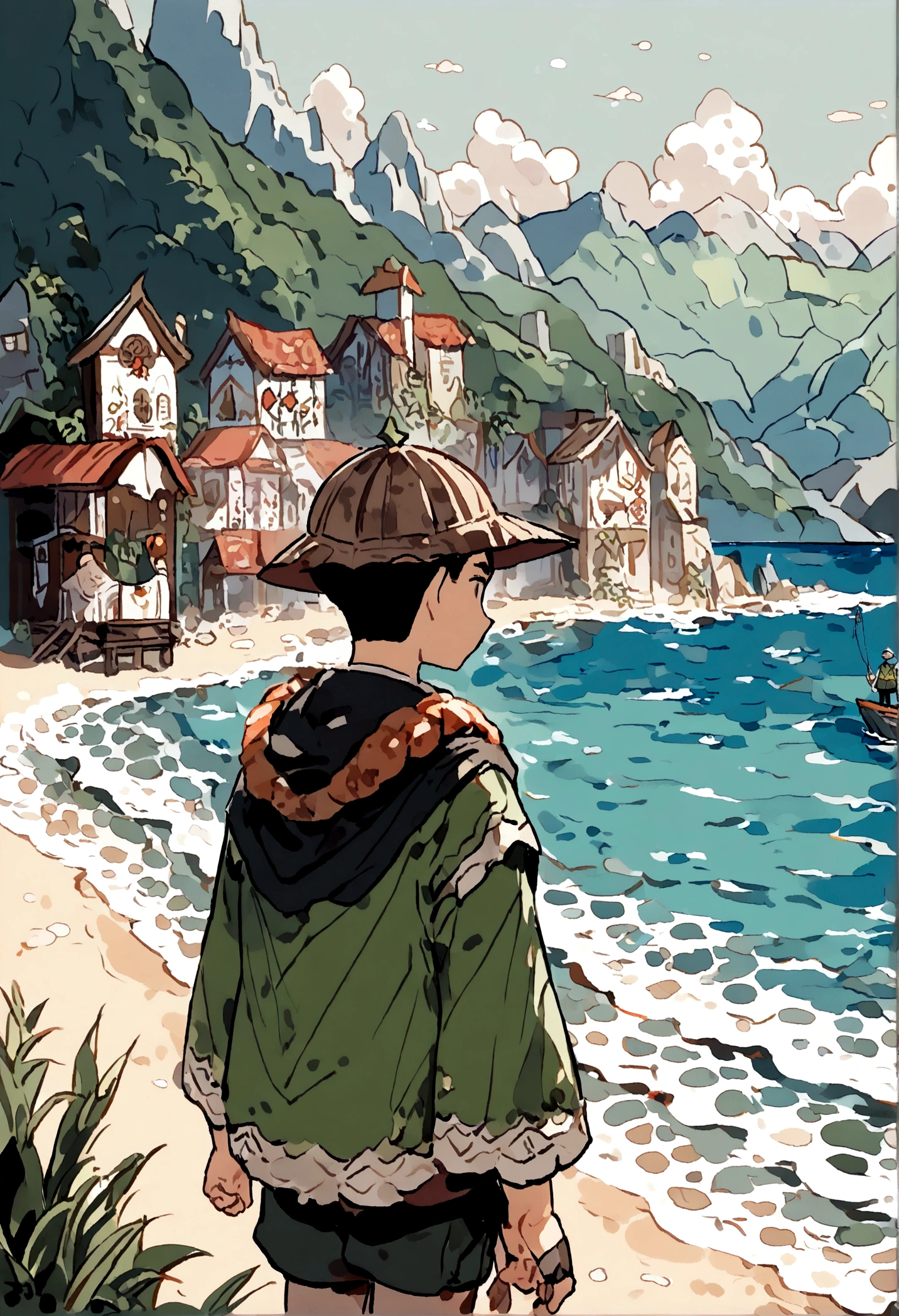 A young teenager,((Shabby laundry)),((Young boy dressed as a fisherman,male)),Standing on the beach,The background is a small fishing village(Old small fishing boat),Dilapidated building,Back to the audience,Looking at the sea and mountains in the distance,Chinese style,Immortal World,Xianxia World