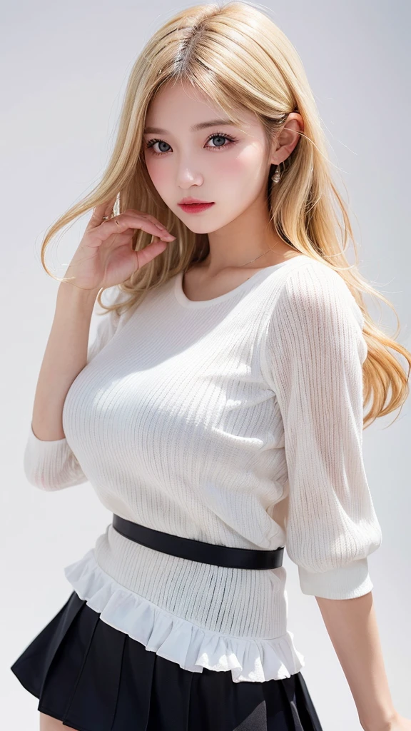 (((forehead、Blonde、Northern Europe、White people、beautiful girl、Blonde、White background、No sleeve、mini skirt)))、table top, highest quality, figure, super detailed, finely, High resolution, 8k wallpaper, Perfect dynamic composition, detailed and beautiful eyes, Deco out,bionde, medium hair, super big breasts, Natural color lip,white background, random cute poses,frill dress