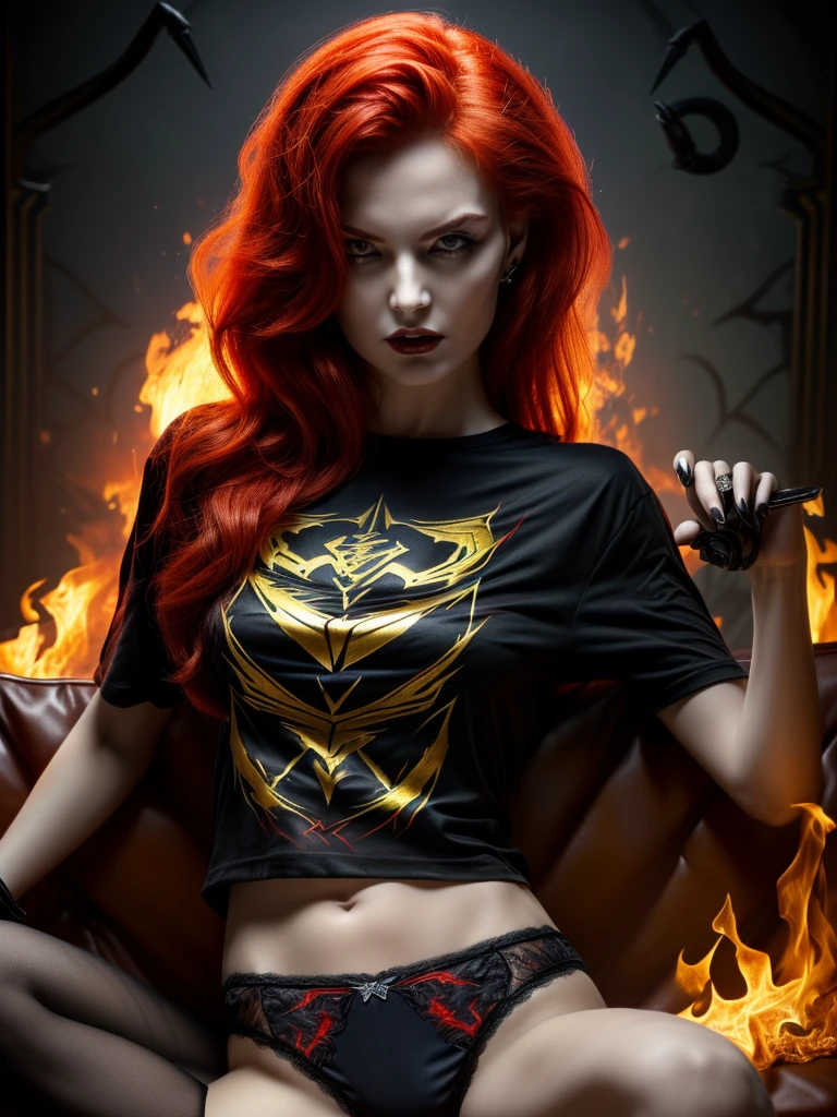 ((Highly detailed 1.3) A wicked woman, malignant, with flaming red hair, Scorpion, Fierce desire for blood. A young woman with fierce eyes, long legs,sign of Scorpio, T-shirt and panties.