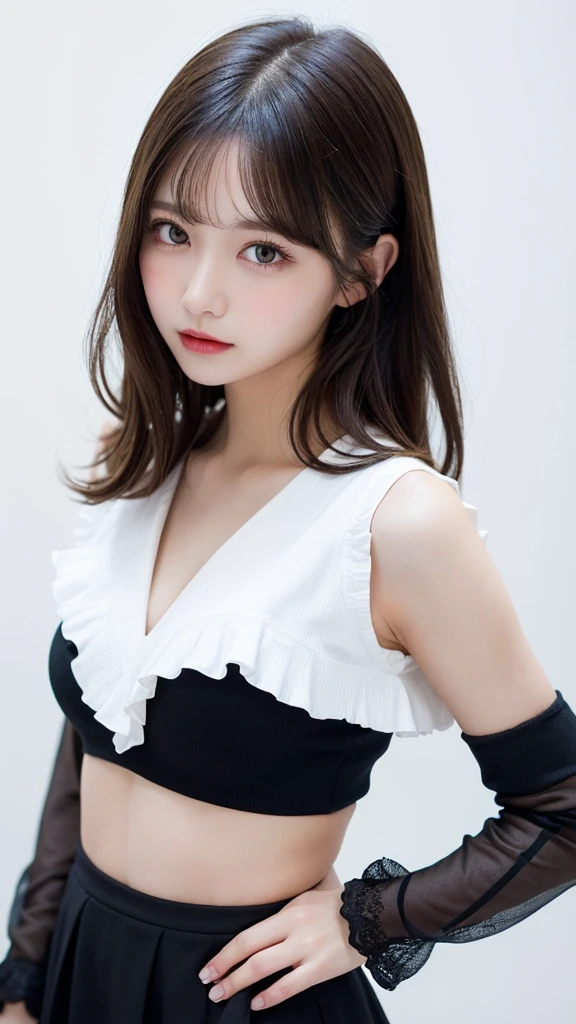 (((forehead、Northern Europe、White people、beautiful girl、Black Hair、White background、No sleeve、mini skirt)))、table top, highest quality, figure, super detailed, finely, High resolution, 8k wallpaper, Perfect dynamic composition, detailed and beautiful eyes, Deco out,bionde, medium hair, super big breasts, Natural color lip,white background, random cute poses,frill dress