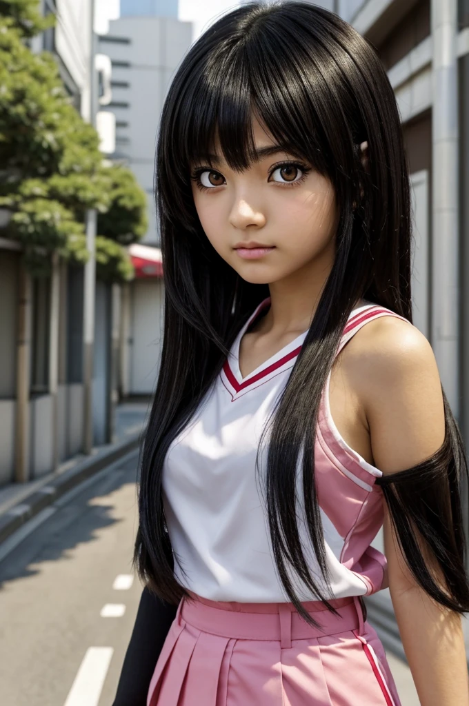 Screenshot of Tokyo Revenger stile Anime of a teenage girl with short, shoulder-length, wavy black hair, with large but tired brown eyes with very pronounced eyeliner, straight eyebrows, normal pinkish lips with some shine and dark but light skin and wearing a Tokyo Manji uniform from the anime "Tokyo Revenger"