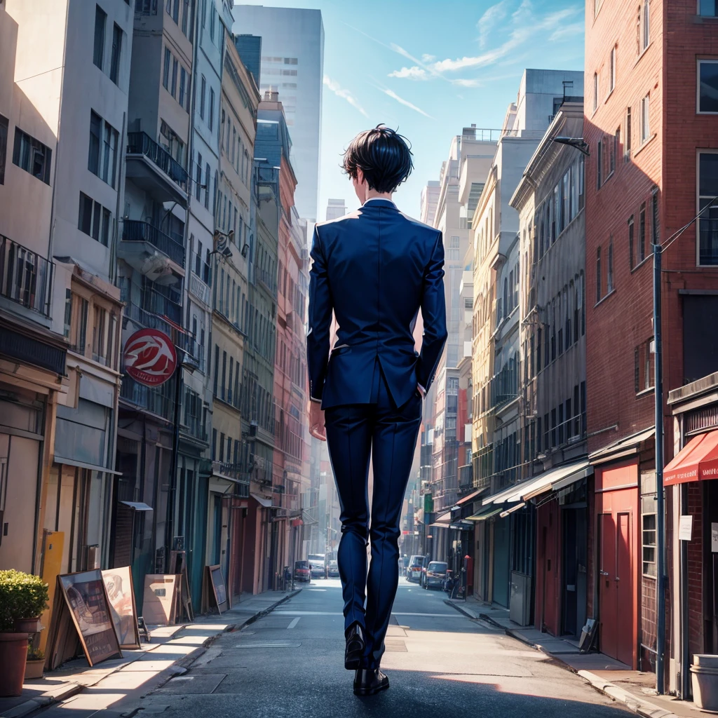 1boy, short black hair, red eyes, wearing all blue suits, on top of a building, high res, ultrasharp, 8k, masterpiece, looking at viewer from behind
