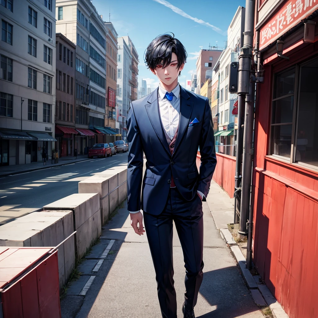 1boy, short black hair, red eyes, wearing all blue suits, on top of a building, high res, ultrasharp, 8k, masterpiece, looking at viewer from behind
