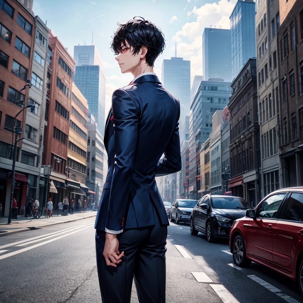 1boy, short black hair, red eyes, wearing all blue suits, on top of a building, high res, ultrasharp, 8k, masterpiece, looking at viewer from behind