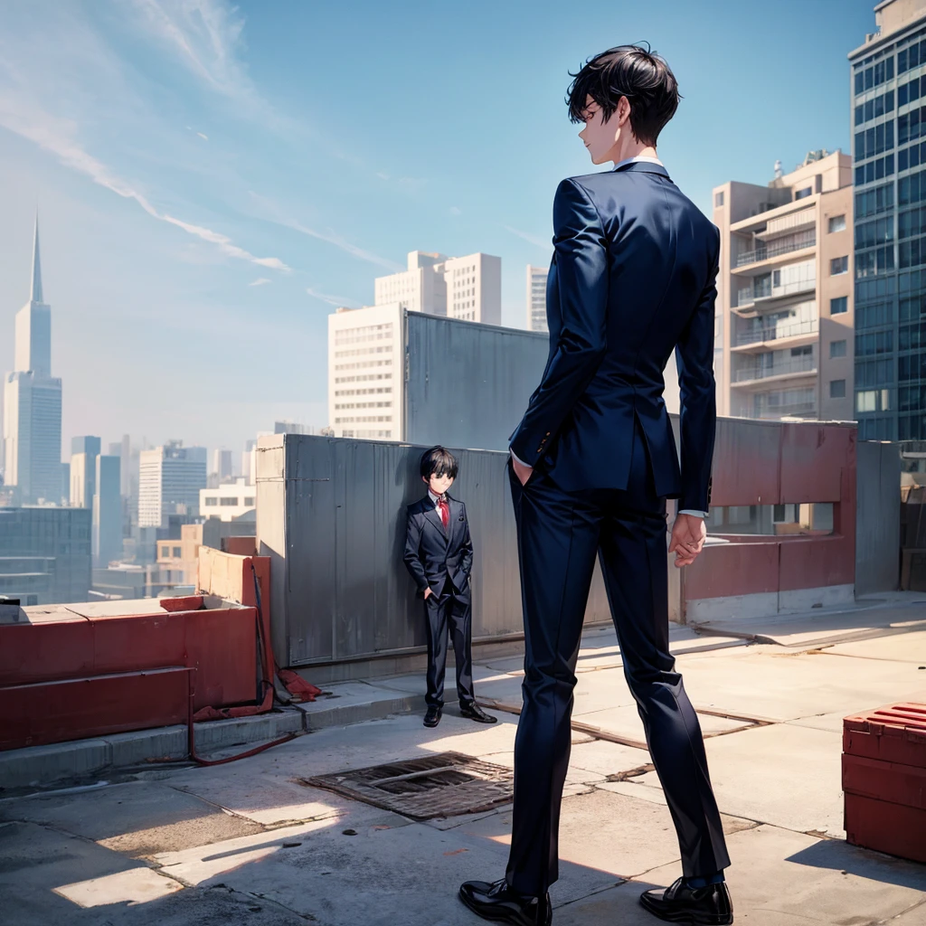 1boy, short black hair, red eyes, wearing all blue suits, on top of a building, high res, ultrasharp, 8k, masterpiece, looking at viewer from behind