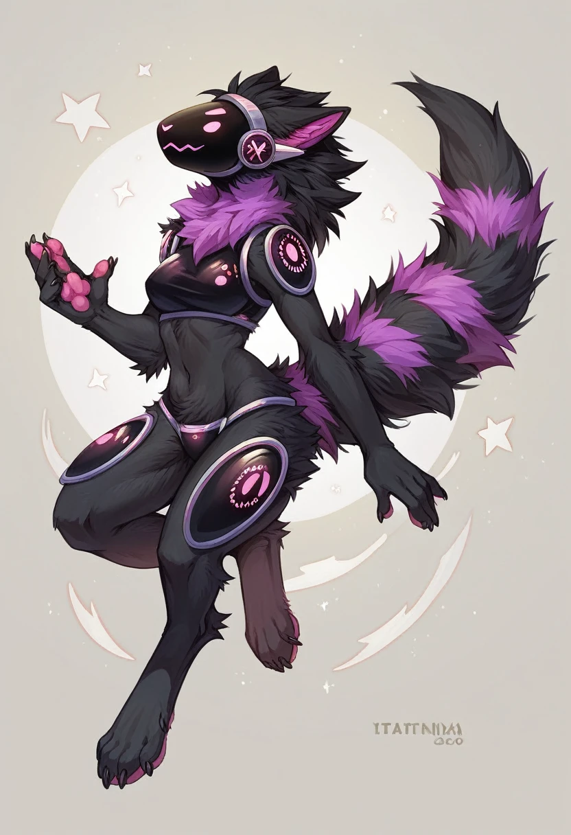 Protogen, furry art, work of art, great anatomy, black fur, neon purple details, detailed back ground, Sci-fi, citys, natta, Fuzzy tail, female, mostrando os peitos