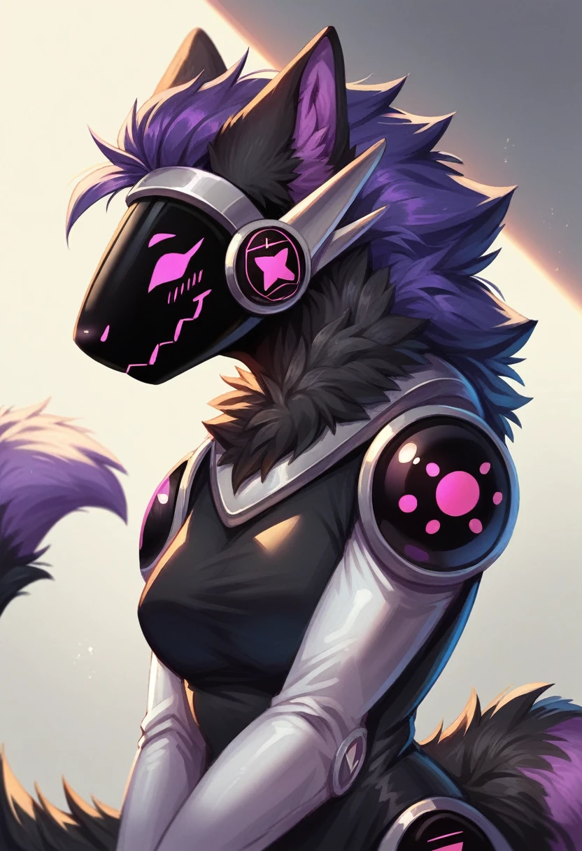 Protogen, furry art, work of art, great anatomy, black fur, neon purple details, detailed back ground, Sci-fi, citys, natta, Fuzzy tail, female, mostrando os peitos