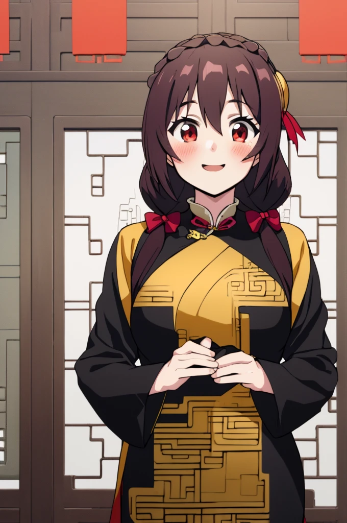 (masterpiece, Highest quality), One girl, Yunyun,Long Hair,Braiding,Twin tails,Hair between the eyes,Red hair ribbon,hair ornaments,large round breasts,、Black Hair、Red Eyes、(Happy face:1.2)、indoor、Crown Blade,(Red Chinese Dress:1.5)、(blush:1.2)、cowboy shot