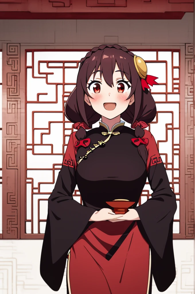 (masterpiece, Highest quality), One girl,    Yunyun,Long Hair,Braiding,Twin tails,Hair between the eyes,Red hair ribbon,hair ornaments,large round breasts,、Black Hair、Red Eyes、(Happy face:1.2)、indoor、Crown Blade,(Red Chinese Dress:1.5)、(blush:1.2)、cowboy shot