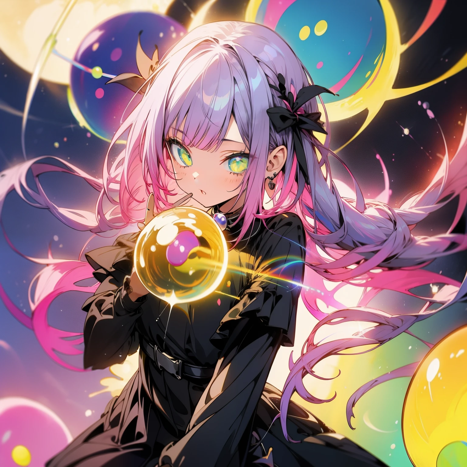 a girl, color blast, bubbles, sparkling orbs, pops, aurora, midnight, sky, gothic