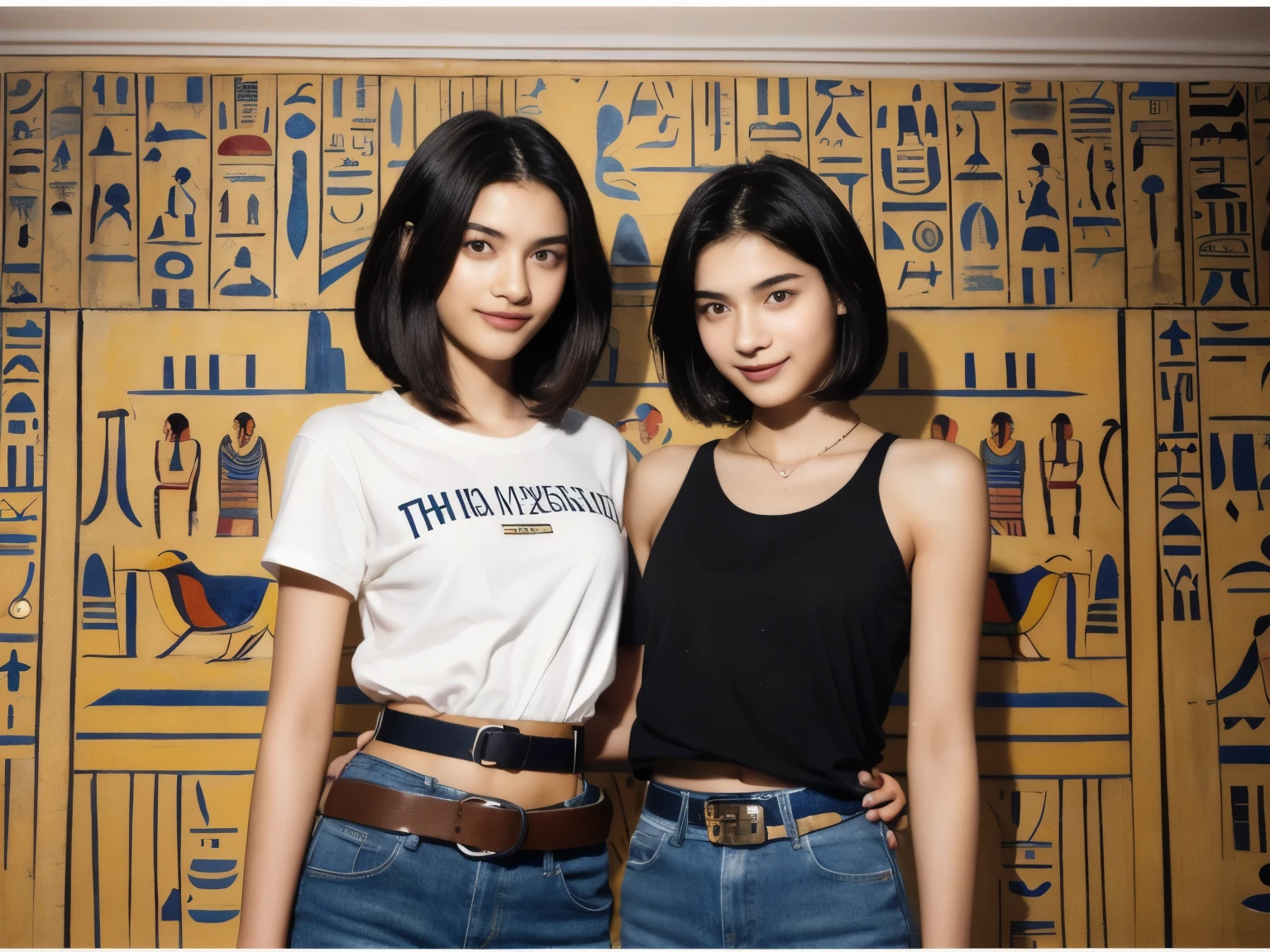 246 (In the mural2people々々々々々々々々々), (An 18-year-old female and an 18-year-old male), short hair,kind, lipstick, Egyptian civilization, Waist belt, Hieroglyphics, smile
