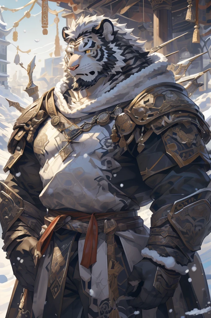 (White skintiger),(黑白阴阳Military commander战袍),(Holding a long sword),(Awesome posture:1.3),Standing quietly in,(The background is a city covered with ice and snow:1.5),(Abdominal muscles),Heroic飒爽,完美的masterpiece,Various facial details,Close-up view,specific description,masterpiece,(cg),(Golden Eyes),Black and white pattern,Black and white tail,Military commander,Heroic,tiger,Black and white fur,Detailed facial details,Half Body,(黑白阴阳Military commander战履),(Long feather),((middle aged)),(Face Focus),(16K),(HD),Black and white abdomen,temple,beard,(Face lines),(Heterochromia,),(Black and white yin and yang battle robe),(Black and white hair),(Strong:1.2),(muscle:1.3),(high resolution:1.3),(Standing in front of a city covered in snow),(Close up),(Detailed face:1.5),Perfect details,(Half Body),(Detailed depiction of the face:1.5),(Zoom in on the face:1.5),(白色Face lines:1.2),(黑色beard:1.3),(White face:1.6),(White body),(White skin,black strips:1.3),(White cheeks:1.5),(The skin color of the face is white:1.3),cg