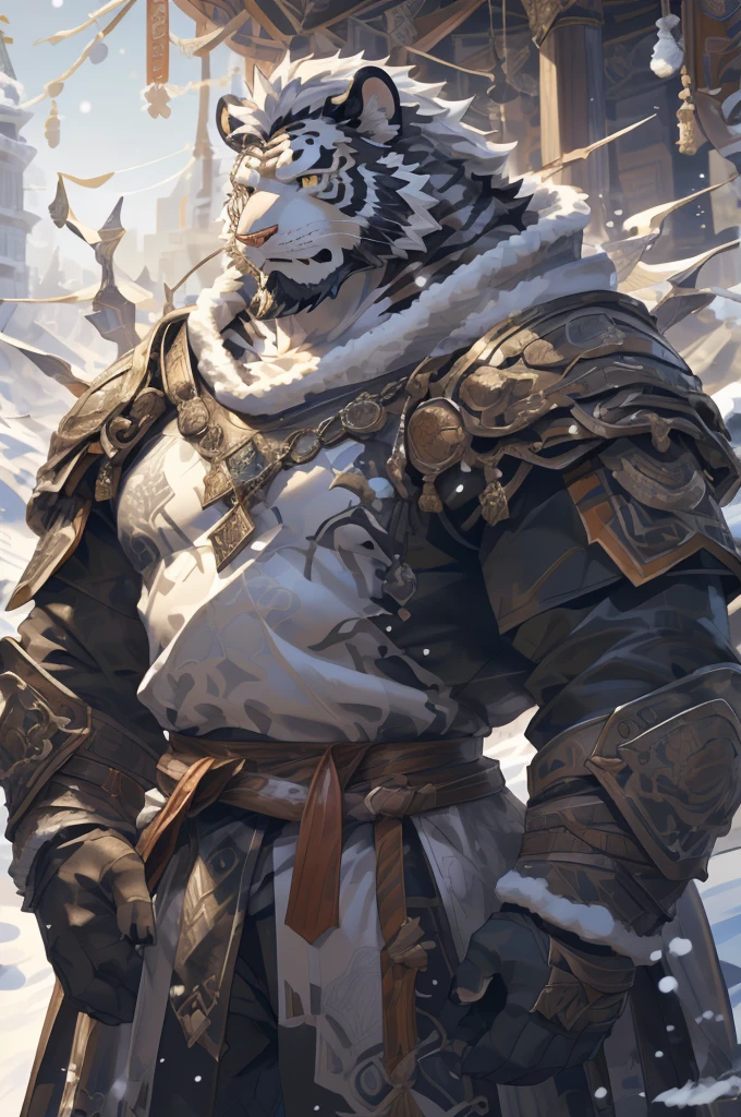 (White skintiger),(黑白阴阳Military commander战袍),(Holding a long sword),(Awesome posture:1.3),Standing quietly in,(The background is a city covered with ice and snow:1.5),(Abdominal muscles),Heroic飒爽,完美的masterpiece,Various facial details,Close-up view,specific description,masterpiece,(cg),(Golden Eyes),Black and white pattern,Black and white tail,Military commander,Heroic,tiger,Black and white fur,Detailed facial details,Half Body,(黑白阴阳Military commander战履),(Long feather),((middle aged)),(Face Focus),(16K),(HD),Black and white abdomen,temple,beard,(Face lines),(Heterochromia,),(Black and white yin and yang battle robe),(Black and white hair),(Strong:1.2),(muscle:1.3),(high resolution:1.3),(Standing in front of a city covered in snow),(Close up),(Detailed face:1.5),Perfect details,(Half Body),(Detailed depiction of the face:1.5),(Zoom in on the face:1.5),(白色Face lines:1.2),(黑色beard:1.3),(White face:1.6),(White body),(White skin,black strips:1.3),(White cheeks:1.5),(The skin color of the face is white:1.3),cg