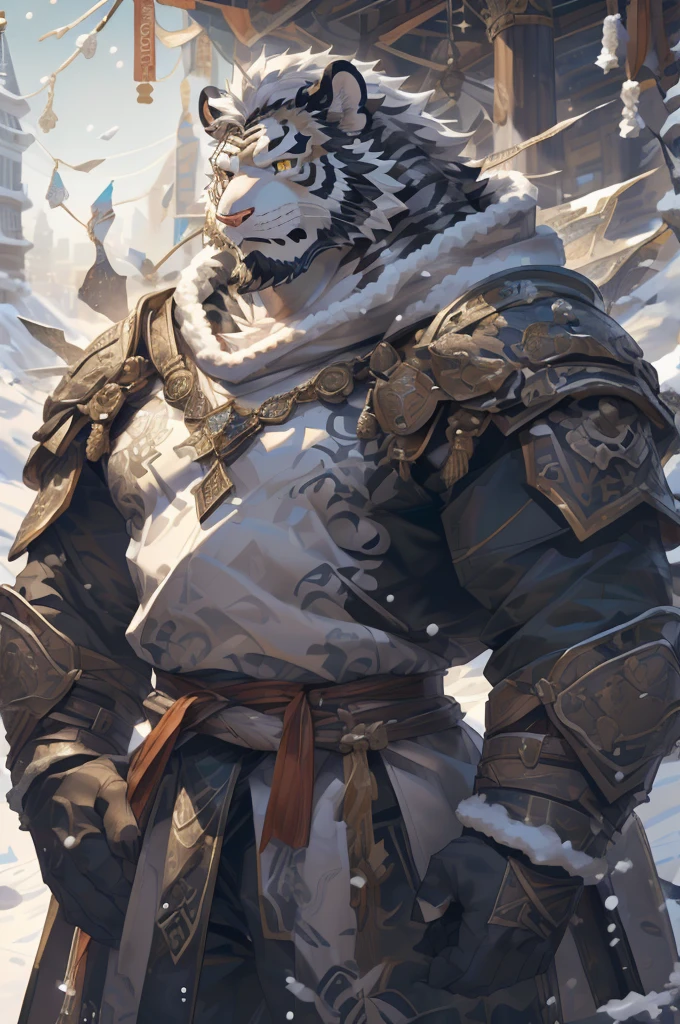 (White skintiger),(黑白阴阳Military commander战袍),(Holding a long sword),(Awesome posture:1.3),Standing quietly in,(The background is a city covered with ice and snow:1.5),(Abdominal muscles),Heroic飒爽,完美的masterpiece,Various  details,Close-up view,specific description,masterpiece,(cg),(Golden Eyes),Black and white pattern,Black and white tail,Military commander,Heroic,tiger,Black and white fur，Detailed  details,Half Body,(黑白阴阳Military commander战履),(Long feather),((middle aged)),(Face Focus),(16K),(HD),Black and white abdomen，temple，beard,(Face lines),(Heterochromia,),(Black and white yin and yang battle robe),(Black and white hair),(Strong:1.2),(muscle:1.3),(high resolution:1.3),(Standing in front of a city covered in snow),(Close up),(Detailed face:1.5)，Perfect details,(Half Body),(Detailed depiction of the face:1.5),(Zoom in on the face:1.5),(白色Face lines:1.2),(黑色beard:1.3),(White face:1.6),(White body),(White skin,black strips:1.3),(White cheeks:1.5),(The skin color of the face is white:1.3),cg