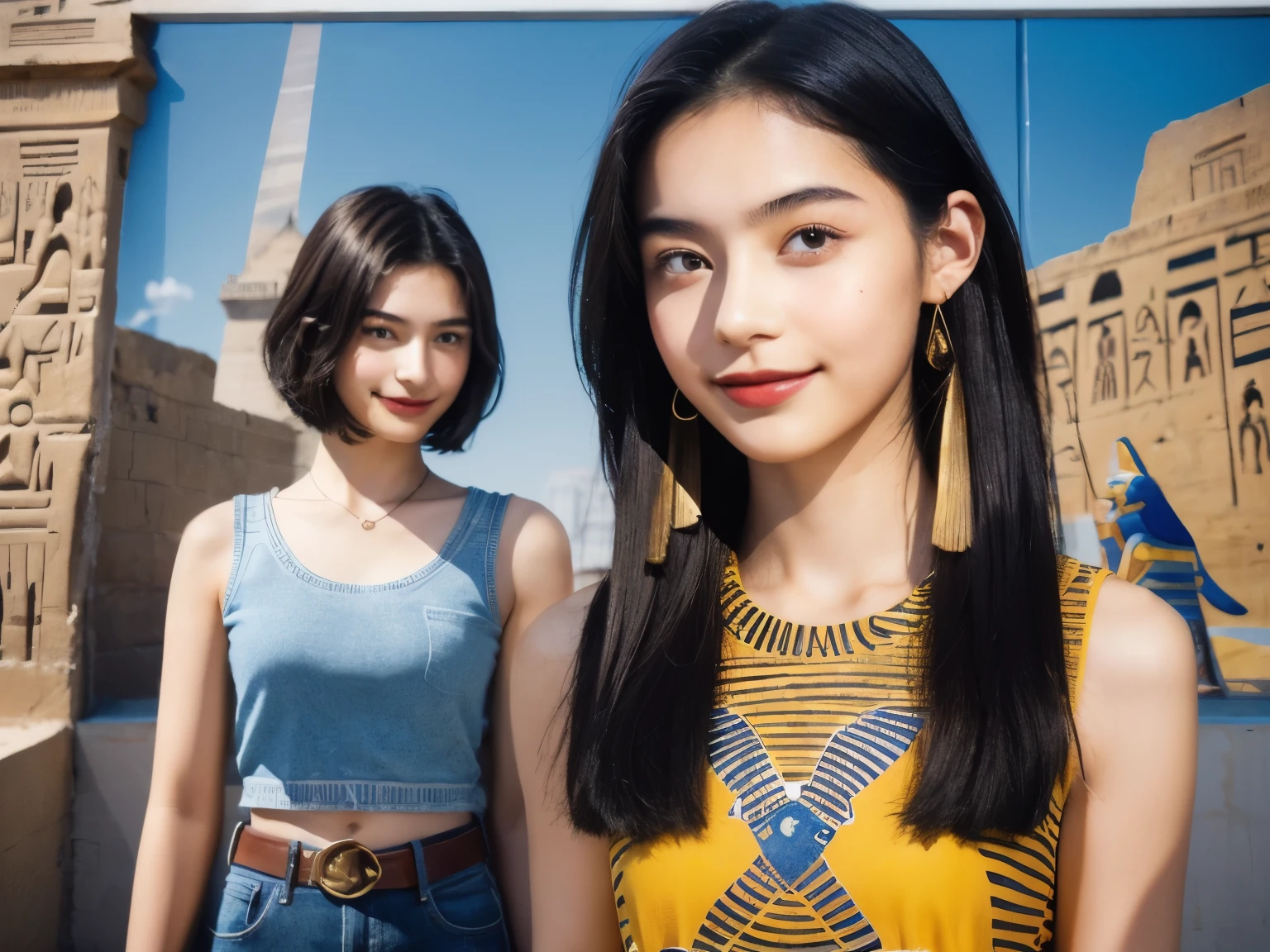 246 (In the mural２people々々々々々々々々々), (An 18-year-old female and an 18-year-old male), short hair,kind, lipstick, Egyptian civilization, Waist belt, Hieroglyphics, smile
