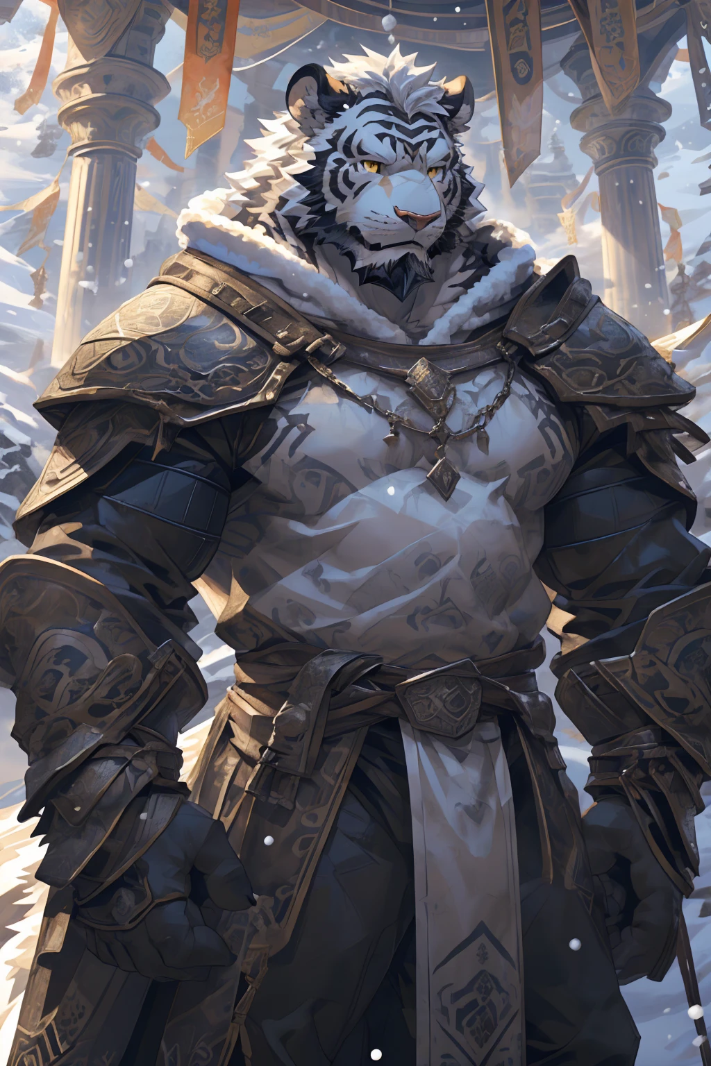 (White skintiger),(黑白阴阳Military commander战袍),(Holding a long sword),(Awesome posture:1.3),Standing quietly in,(The background is a city covered with ice and snow:1.5),(Abdominal muscles),Heroic飒爽,完美的masterpiece,Various facial details,Close-up view,specific description,masterpiece,(cg),(Golden Eyes),Black and white pattern,Black and white tail,Military commander,Heroic,tiger,Black and white fur,Detailed facial details,Half Body,(黑白阴阳Military commander战履),(Long feather),((middle aged)),(Face Focus),(16K),(HD),Black and white abdomen,temple,beard,(Face lines),(Heterochromia,),(Black and white yin and yang battle robe),(Black and white hair),(Strong:1.2),(muscle:1.3),(high resolution:1.3),(Standing in front of a city covered in snow),(Close up),(Detailed face:1.5),Perfect details,(Half Body),(Detailed depiction of the face:1.5),(Zoom in on the face:1.5),(白色Face lines:1.2),(黑色beard:1.3),(White face:1.6),(White body),(White skin,black strips:1.3),(White cheeks:1.5),(The skin color of the face is white:1.3),cg