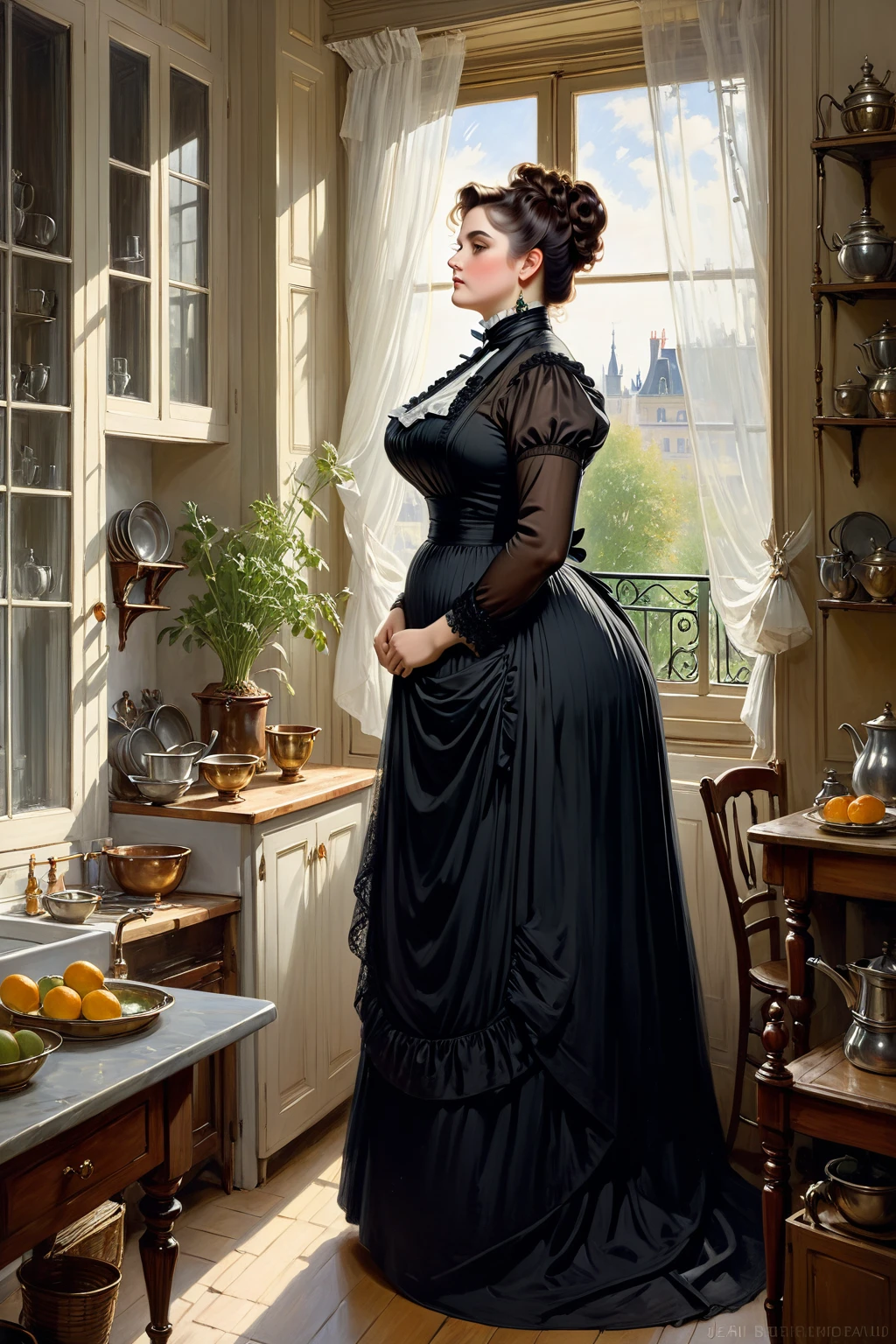Full body shot of a curvaceous, voluptuous, mature plump buxom Victorian widow wearing a black dress standing in her kitchen looking out of the window, by Jean Béraud, inspired by Jean Béraud, inspired by Édouard Detaille, edouard leon cortes, inspired by Ivan Kramskoi, inspired by Jean-Louis-Ernest Meissonier, by Édouard Detaille, inspired by Paul Émile Chabas, opulent updo hairstyle, white apron 