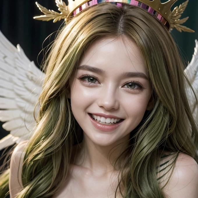 Woman, long curly green hair with pink stripes, Golden Crown, laughing, long white wings