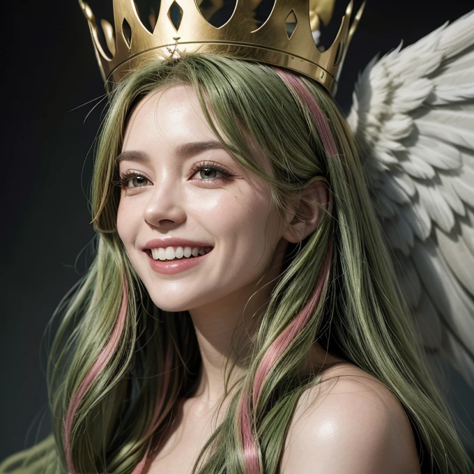 Woman, long curly green hair with pink stripes, Golden Crown, laughing, long white wings 