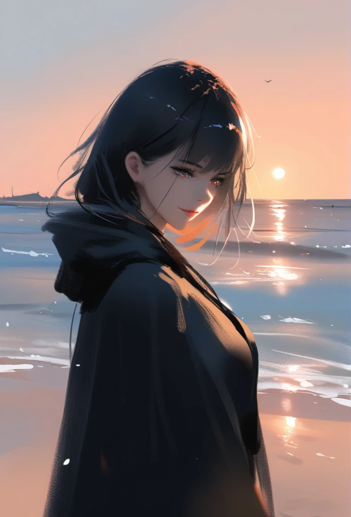 1girl, solo, wlop,
Black hair, gradient eyes, black cloak, seductive smile, 
beach, sunset, 
masterpiece, best quality,