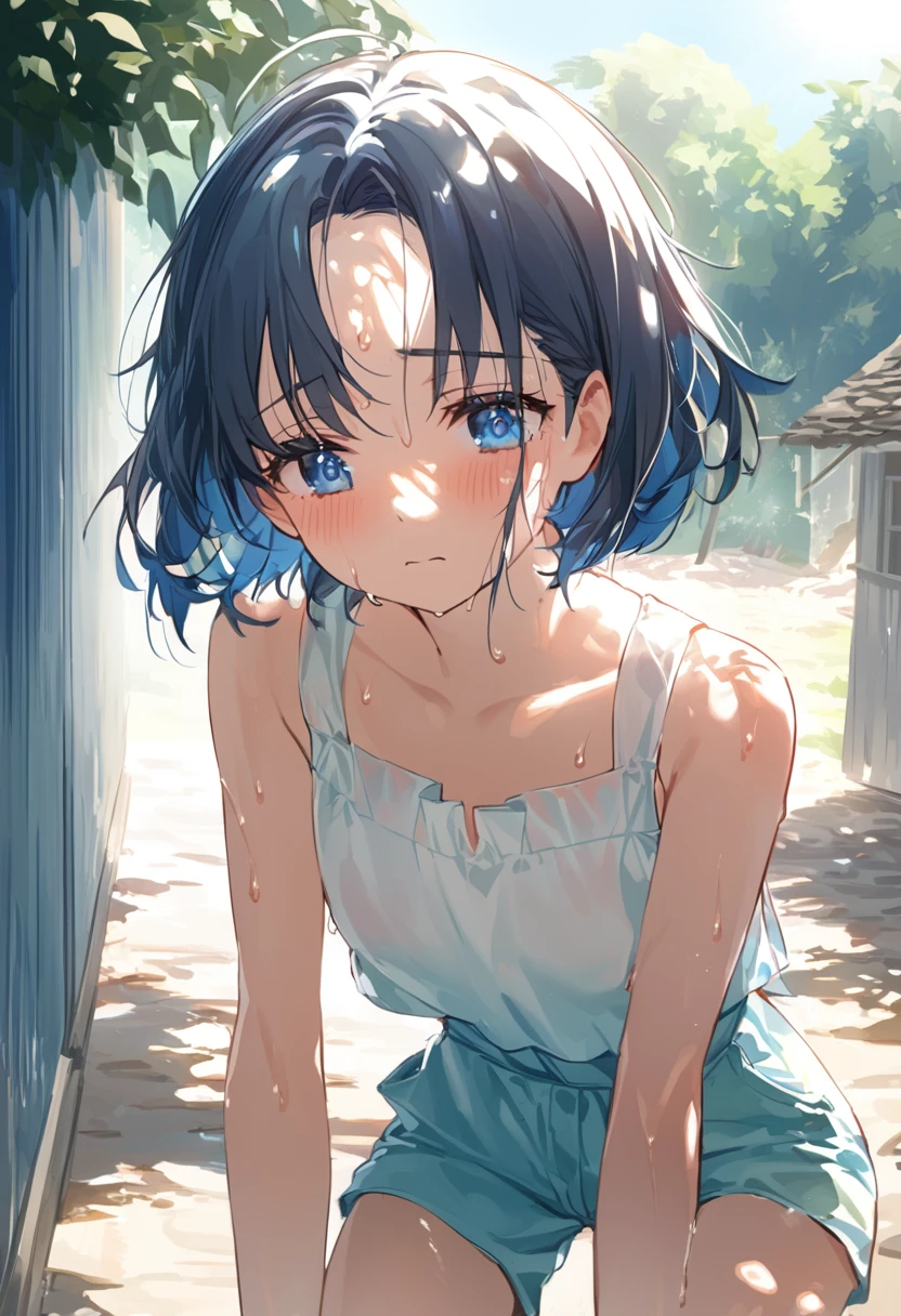 A young girl stands, visibly wilting under the oppressive heat of a summer day. Her short hair, styled in a refreshing, carefree cut, flutters slightly in a rare, gentle breeze. The strands, light and airy, frame her delicate face, enhancing the deep blue of her weary eyes.
Her eyes, though beautiful, are half-lidded with exhaustion, and her expression conveys a palpable sense of fatigue. Sweat beads on her forehead, glistening in the harsh sunlight, and a faint flush colors her cheeks, illustrating the sweltering temperature.
She wears a light, thin summer outfit – a sleeveless top and shorts – in an attempt to combat the heat. The fabric clings slightly to her slender frame, highlighting her , delicate build. Her posture is slouched, shoulders drooping and one hand holding a cold drink, condensation dripping down the side of the bottle, while the other wipes sweat from her brow.
The background is a hazy, sun-drenched street, the heat waves rising visibly from the ground, blurring the distant scenery. A cicada's cry adds to the sense of relentless summer heat, emphasizing the stifling atmosphere. The colors are bright and intense, with the sun's rays almost tangible, casting sharp, stark shadows.
The scene captures the essence of a scorching summer day, making the observer almost feel the oppressive heat themselves. The girl's body language and expression convey her struggle against the high temperature, while her light clothing and the overall color palette enhance the sense of sweltering heat and the desperate search for relief.