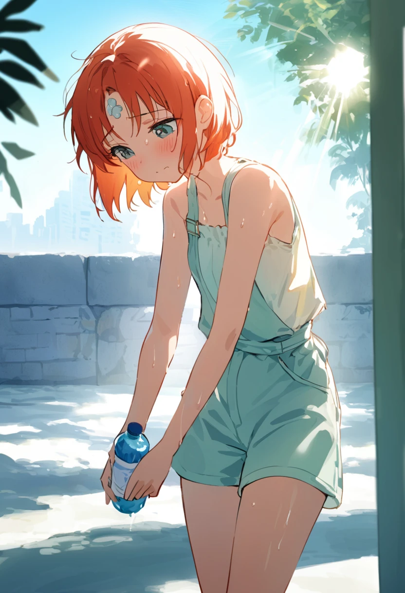 A young girl stands, visibly wilting under the oppressive heat of a summer day. Her short hair, styled in a refreshing, carefree cut, flutters slightly in a rare, gentle breeze. The strands, light and airy, frame her delicate face, enhancing the deep blue of her weary eyes.
Her eyes, though beautiful, are half-lidded with exhaustion, and her expression conveys a palpable sense of fatigue. Sweat beads on her forehead, glistening in the harsh sunlight, and a faint flush colors her cheeks, illustrating the sweltering temperature.
She wears a light, thin summer outfit – a sleeveless top and shorts – in an attempt to combat the heat. The fabric clings slightly to her slender frame, highlighting her , delicate build. Her posture is slouched, shoulders drooping and one hand holding a cold drink, condensation dripping down the side of the bottle, while the other wipes sweat from her brow.
The background is a hazy, sun-drenched street, the heat waves rising visibly from the ground, blurring the distant scenery. A cicada's cry adds to the sense of relentless summer heat, emphasizing the stifling atmosphere. The colors are bright and intense, with the sun's rays almost tangible, casting sharp, stark shadows.
The scene captures the essence of a scorching summer day, making the observer almost feel the oppressive heat themselves. The girl's body language and expression convey her struggle against the high temperature, while her light clothing and the overall color palette enhance the sense of sweltering heat and the desperate search for relief.