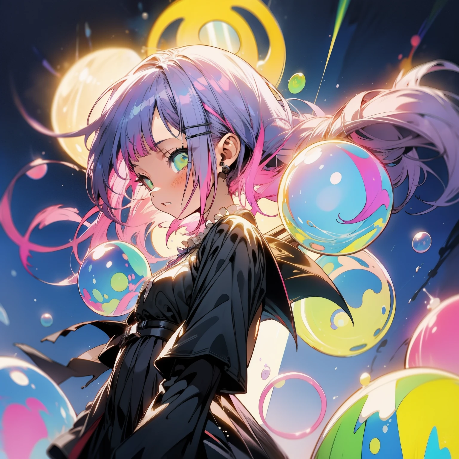 a girl, color blast, bubbles, orbs, pops, aurora, midnight, sky, gothic