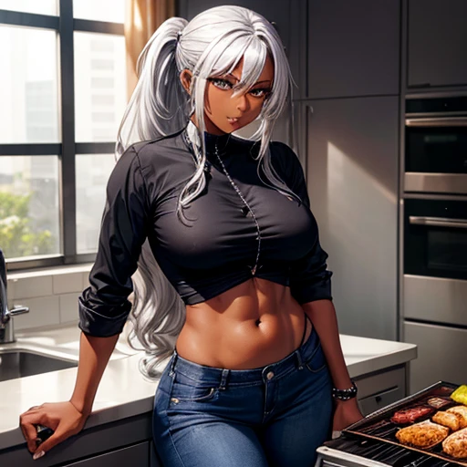A dark-skinned woman with silver hair in a ponytail, Wearing a black dress shirt and slim jeans,　Grilling eel　Showing your belly button