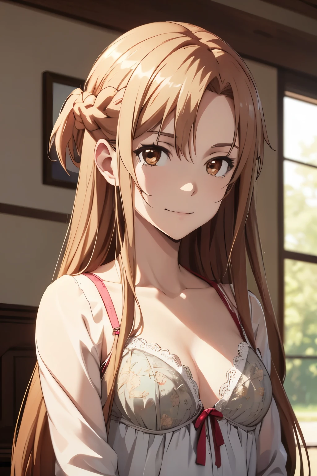 absurdres, high res, ultrasharp, 8K, {masterpiece}, expressive eyes, extremely detailed, best quality, perfect face, 1 girl, solo, yuuki asuna, kizukiai, brown hair, brown eyes, medium breasts, long hair, braid, bedroom, , light smile, standing,