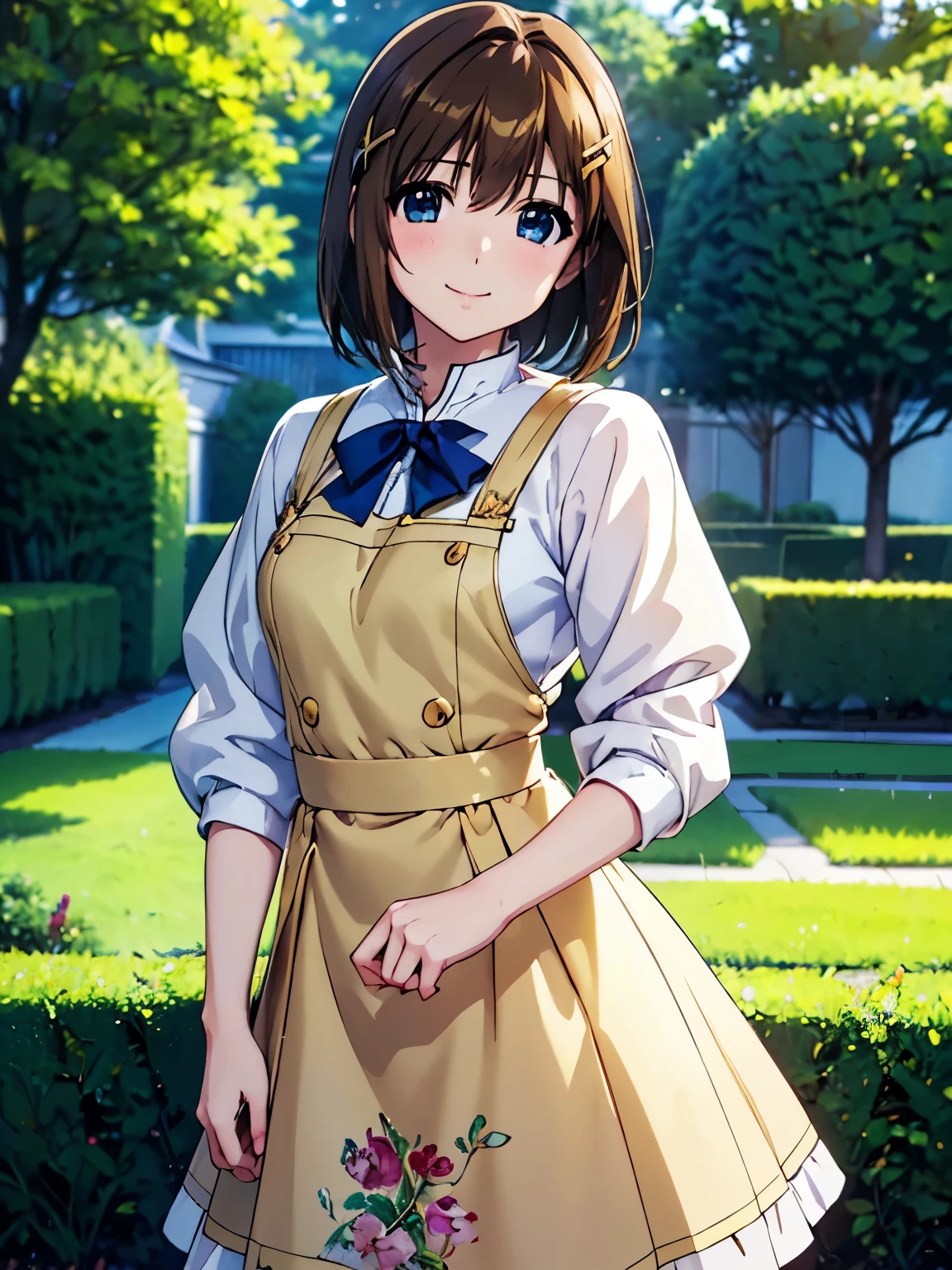 (Highest quality, masterpiece:1.2),smile、(Anime illustration style:1.3),Hayate Yagami,garden、Standing、Hair Clip、a little lighter brown hair、Closed Mouth、Fluttering skirt、Cowboy Shot、(Genuine、Realistic、Realistic:1.20)、High resolution、超High resolution、Ultra-fine painting、Sharp focus、Physically Based Rendering、Cowboy Shot,(Moe:1.10)