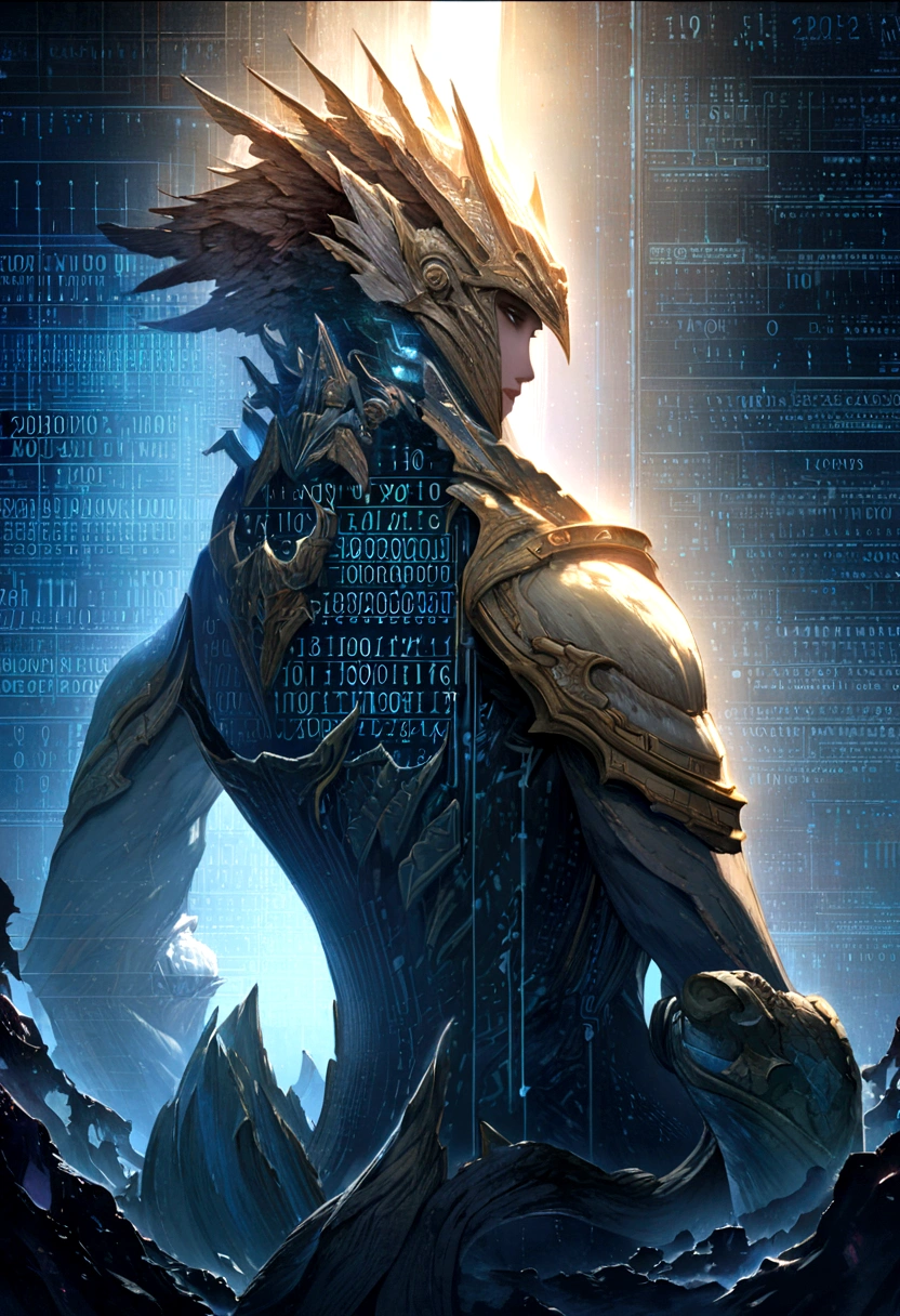 fantasy, (Holographic interface:1.1),(Extremely detailed CG unity 16k wallpaper),Natural Lighting, Soft lighting, Sunlight, Human Development Report (High Dynamic Range), Maximum clarity and sharpness, Multi-layered textures, binary code, The art of math,Only zero and one,