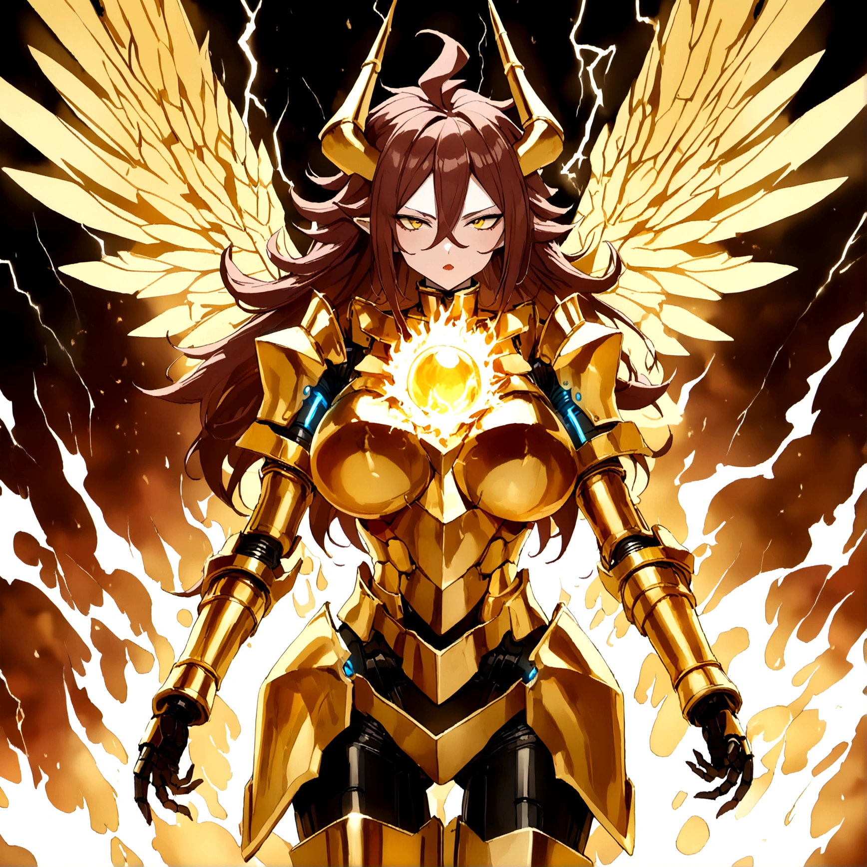 ((Lightning Power)), ((Electricity)), ((Fire Background)), ((Lightning Storm)), ((Power Erupting)), (((((android 21))))), ((((Rasengan)))), (((Evil Power))), (((white Coat))), (((Busty))), (((((Big breast:1,3)))), luxury bustier corset, (((silver hair))), (((Very slim waist))), propotional body, ((Gorgeous)), (((Fire Blazing Horns))), ((((gold wings))), masterpiece, hyperdetail, ambient effect, digital effect, (((Fire Gold Armor))), (((Lightning Gold Wings)))