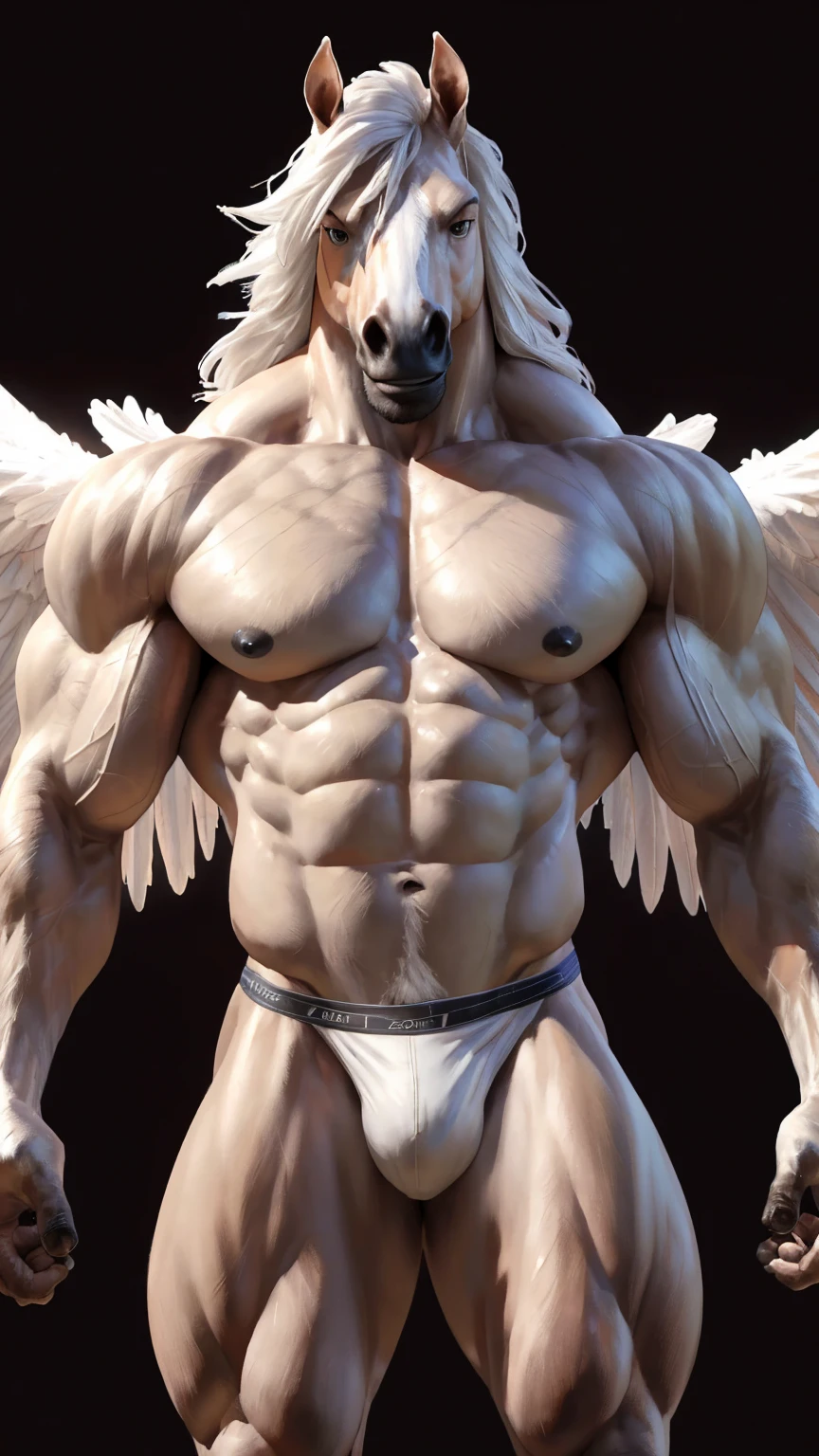 ((male adult Pegasus:1.7)), (horse, equine:1.7), (Anthro:1.5), solo, (adult:1.5), (muscular male, muscle:1.5), (shaven head:1.5), (White fur, White skin, White hair:1.7), (White Bikini briefs:1.5), (ultra big pecs:1.5), (abs:1.5), (big ass:1.5), high tall, ((nude, naked:1.6)), (erect nipple:1.5), claw, standing, ((body builder pose:2.0)), looking here, (hyper detailed face:1.5), ((simple black background:1.5)), \(8K, best quality, ​master piece, Hyper realistic, Digital art, Photorealistic, photograph, absurd res, upload to e621, hyper detailed, high resolution, \(artwork\), sfw:1.5\)), \((by kohei horikoshi, by taran fiddler, by bk-mita, by k0bit0wani, by LAM, by anhes:1.5\)), \((3d, Unreal Engine 5:1.5\)), ((zoom in head to thigh:1.5)), (body front, turn this way:1.2), ((three quarter portrait1.5)), cowboy shot angle,
