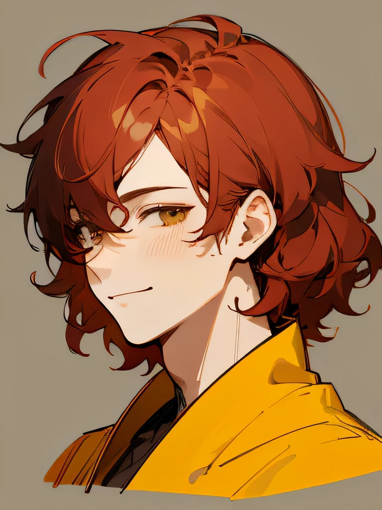 Man Messy red wavy short hair, stunning anime face portrait, looking to nothing, smile thinly, manly, bright warm GOLDEN YELLOW high detailed thin eyes, grayard grey background, high detailed shadow