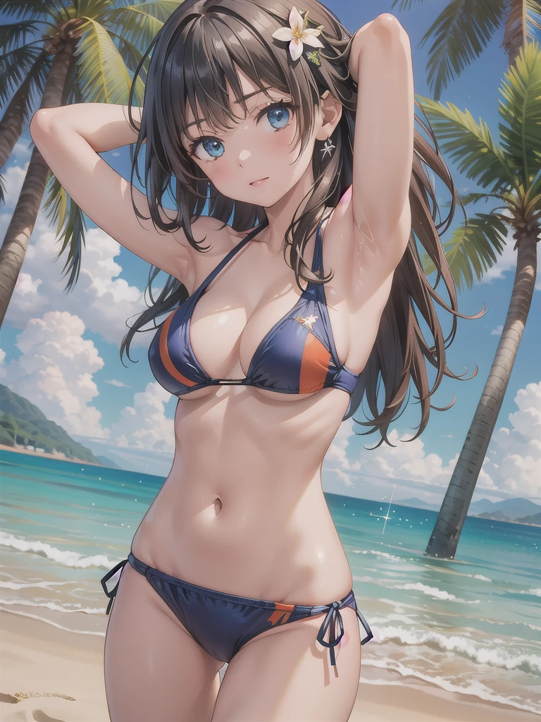 Okay, Saten Ruiko, Black Hair, blue eyes, Long Hair, ((hair ornaments)), Floral decoration,
((Sexy Swimwear:1.3)), 
((Beach, Palm tree:1.3)),  ((Arms above head:1.3) break looking at viewer, (Cowboy Shot:1.5), ((Dutch Angle:1.3)), break (masterpiece:1.2), Highest quality, High resolution, unity 8k wallpaper, (figure:0.8), (Beautiful fine details:1.6), Highly detailed face, Perfect lighting, Highly detailed CG, (Perfect hands, Perfect Anatomy:.3),