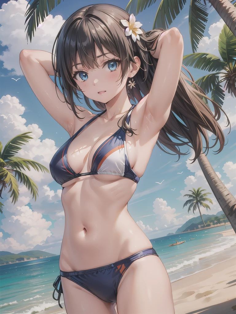 Okay, Saten Ruiko, Black Hair, blue eyes, Long Hair, ((hair ornaments)), Floral decoration, smile
((Sexy Swimwear:1.3)), 
((Beach, Palm tree:1.3)),  ((Arms above head:1.3) ,looking at viewer, (Cowboy Shot:1.5), ((Dutch Angle:1.3)), break (masterpiece:1.2), Highest quality, High resolution, unity 8k wallpaper, (figure:0.8), (Beautiful fine details:1.6), Highly detailed face, Perfect lighting, Highly detailed CG, (Perfect hands, Perfect Anatomy:.3),