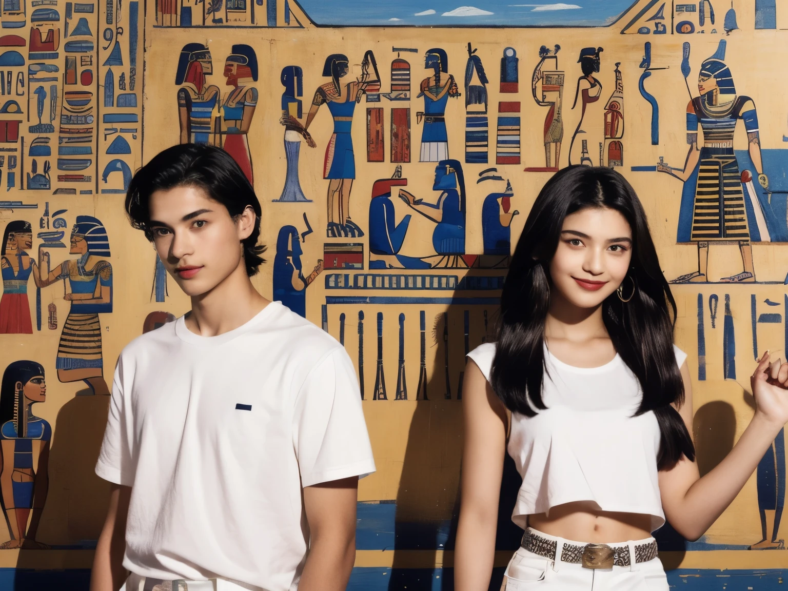 246 (In the mural2people々々々々々々々々々), (An 18-year-old female and an 18-year-old male), short hair,kind, lipstick, Egyptian civilization, Waist belt, Hieroglyphics, smile