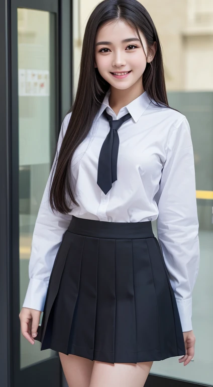 (8K、Raw photo、Highest quality、masterpiece:1.2)、(Realistic、Photorealistic:1.37)、Ultra-detailed、Ultra-high resolution、1 girl、Seeing the viewer、Beautifully detailed face、smile、Beautifully detailed skin、Skin Texture、Black Hair、whole body、Long Hair、high school girl、uniform、skirt、