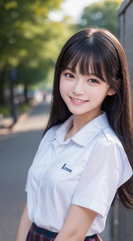 (8K、Raw photo、Highest quality、masterpiece:1.2)、(Realistic、Photorealistic:1.37)、Ultra-detailed、Ultra-high resolution、1 girl、Seeing the viewer、Beautifully detailed face、smile、Beautifully detailed skin、Skin Texture、Black Hair、whole body、Long Hair、high school girl、uniform、skirt、