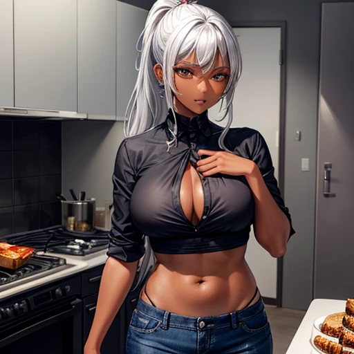 A dark-skinned woman with silver hair in a ponytail, Wearing a black dress shirt and slim jeans,　Grilling eel　Showing your belly button