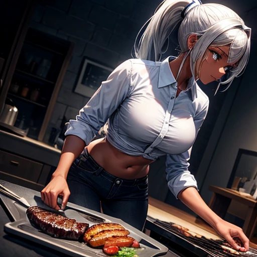 A dark-skinned woman with silver hair in a ponytail, Wearing a black dress shirt and slim jeans,　Grilling eel　Showing your belly button